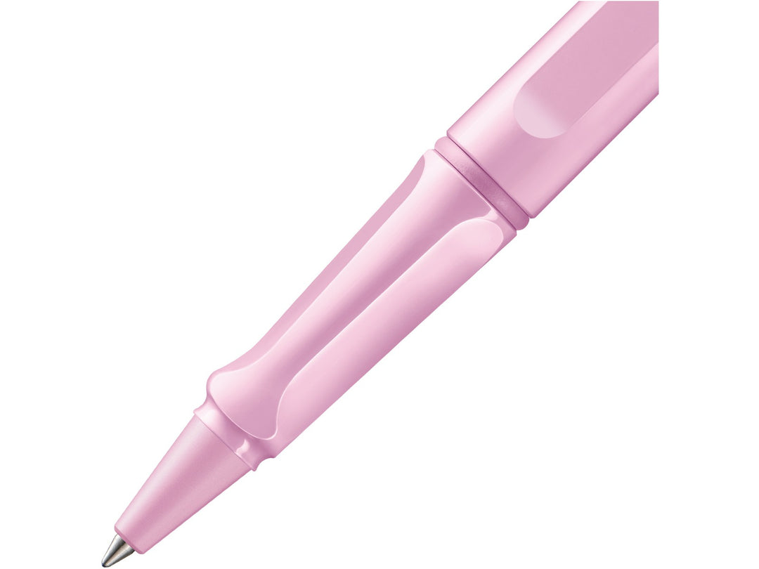 LAMY safari rollerball pen grip detail in light rose with ergonomic moulded grip section