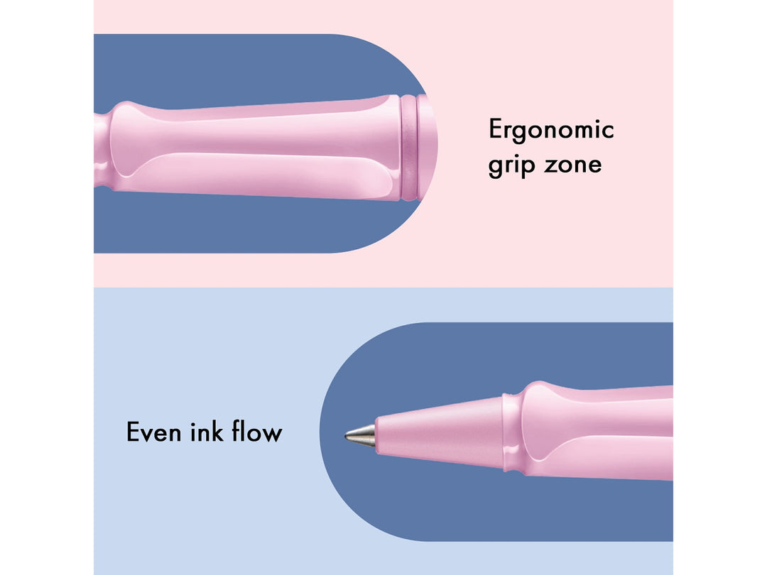 LAMY safari rollerball pen feature graphic showing ergonomic moulded grip section and smooth rollerball writing performance in light rose finish