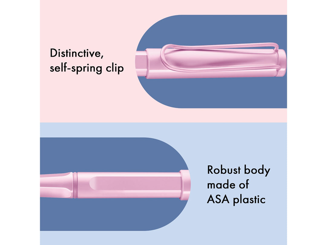 LAMY safari rollerball pen feature graphic showing spring-loaded metal clip and durable ASA plastic body construction in light rose finish