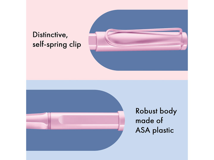 LAMY safari rollerball pen feature graphic showing spring-loaded metal clip and durable ASA plastic body construction in light rose finish