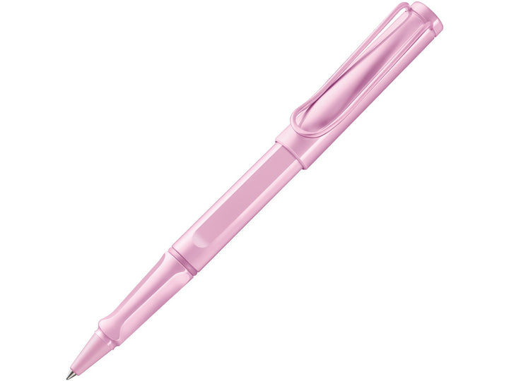 LAMY safari rollerball pen in light rose with ergonomic grip section and spring-loaded metal clip