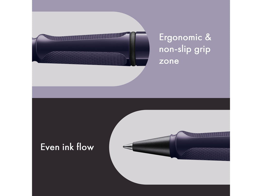 LAMY safari Rollerball Pen Meteora Special Edition 2026 ergonomic non-slip grip and even ink flow feature graphic