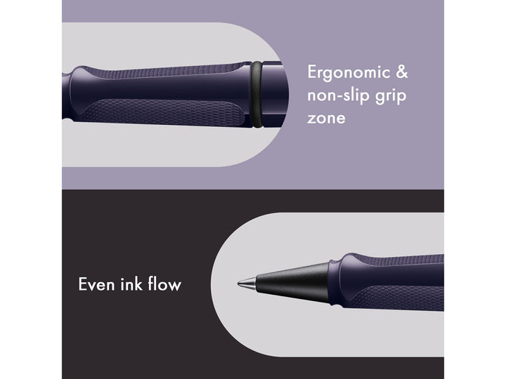 LAMY safari Rollerball Pen Meteora Special Edition 2026 ergonomic non-slip grip and even ink flow feature graphic