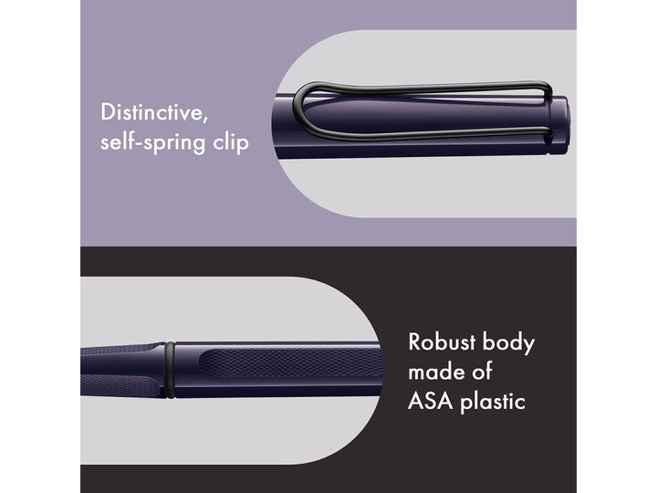 LAMY safari Rollerball Pen Meteora Special Edition 2026 self-spring clip and durable ASA plastic body feature graphic