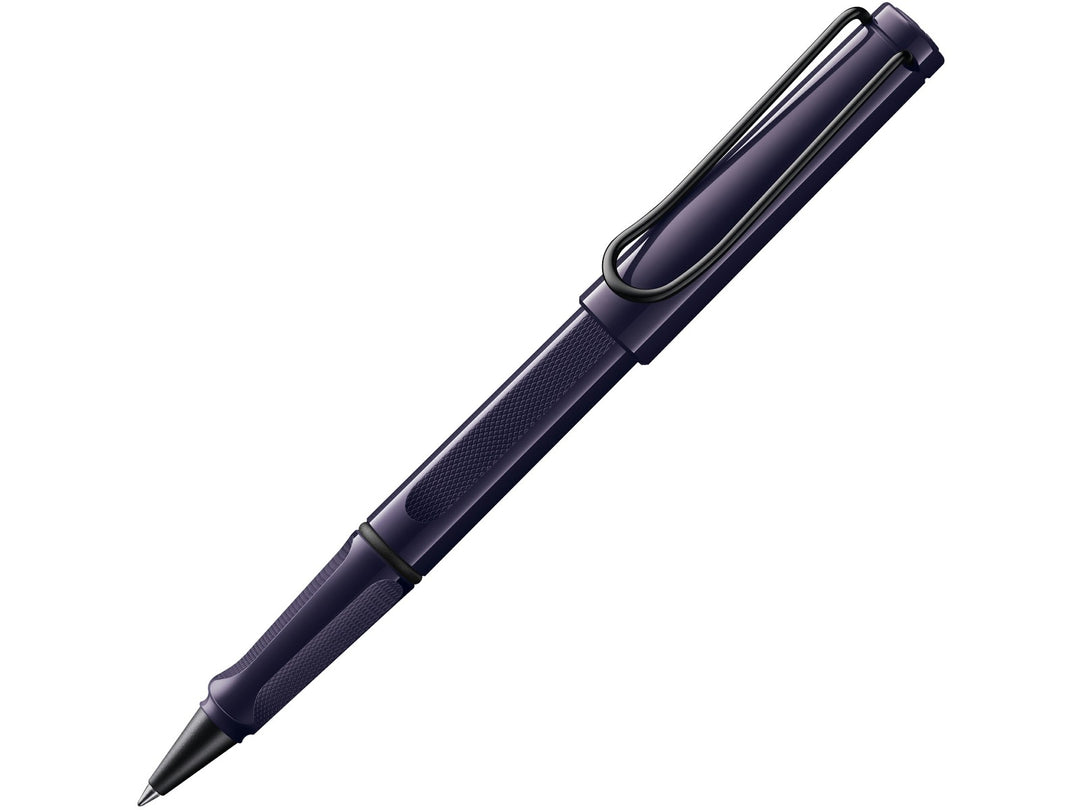 LAMY safari Rollerball Pen Meteora Special Edition 2026 in dark violet with textured ergonomic grip and black steel clip
