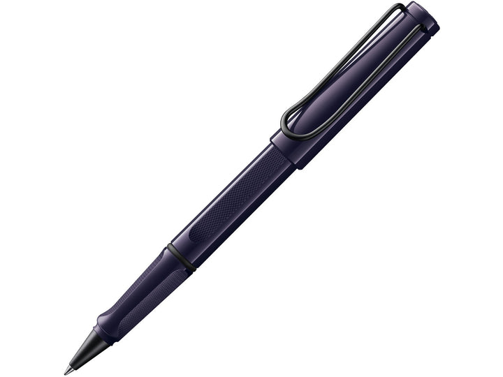 LAMY safari Rollerball Pen Meteora Special Edition 2026 in dark violet with textured ergonomic grip and black steel clip