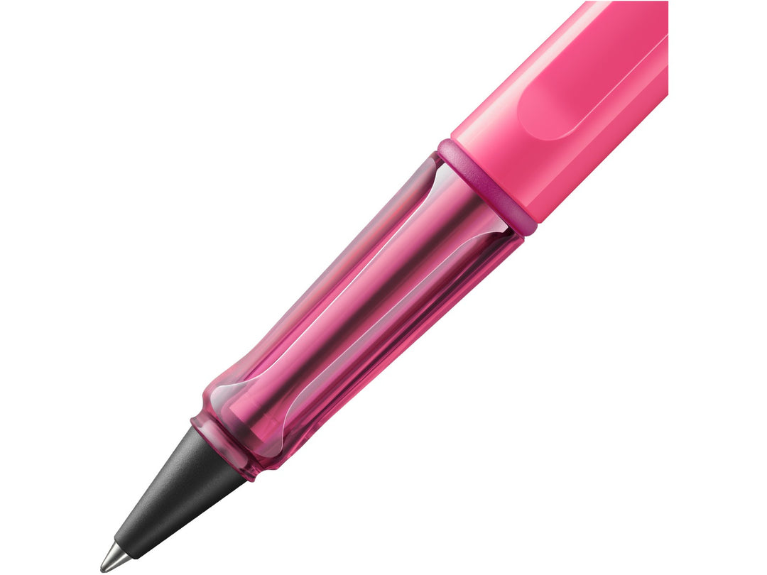 LAMY safari Rollerball Pen Neon Pink Special Edition grip detail with translucent pink ergonomic grip section