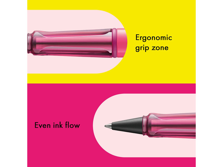 LAMY safari Rollerball Pen Neon Pink Special Edition feature graphic showing translucent ergonomic grip section and smooth rollerball writing performance