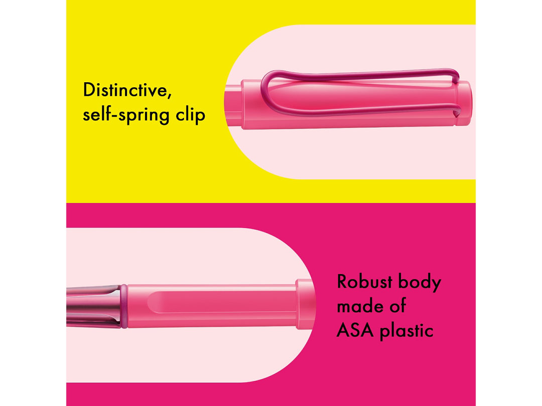 LAMY safari Rollerball Pen Neon Pink Special Edition feature graphic showing spring-loaded metal clip and durable ASA plastic body construction