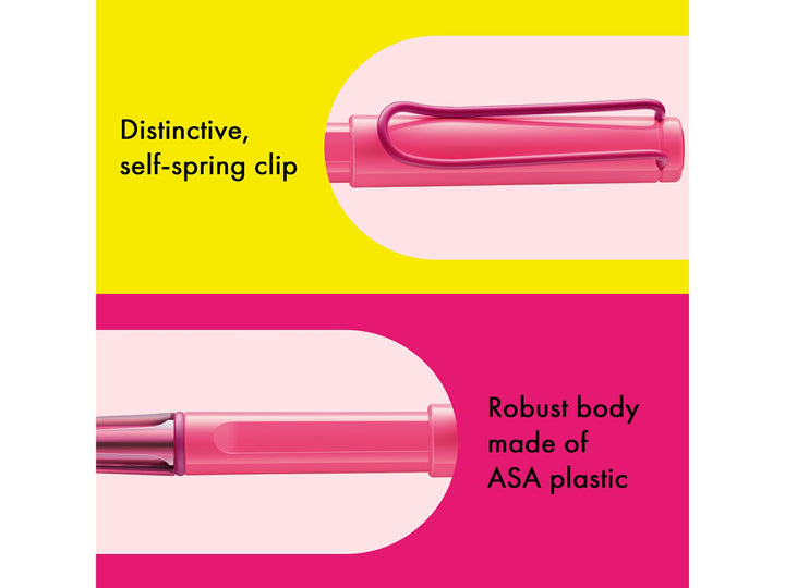 LAMY safari Rollerball Pen Neon Pink Special Edition feature graphic showing spring-loaded metal clip and durable ASA plastic body construction