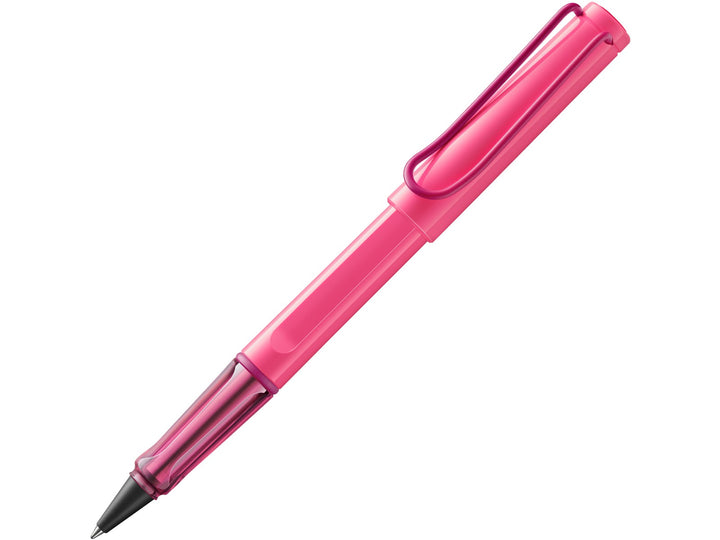 LAMY safari Rollerball Pen Neon Pink Special Edition with translucent pink grip section and spring-loaded metal clip
