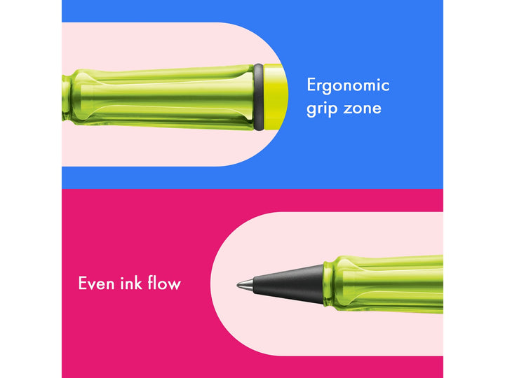 LAMY safari Rollerball Pen Neon Yellow Special Edition feature graphic showing translucent ergonomic grip section and smooth rollerball writing performance