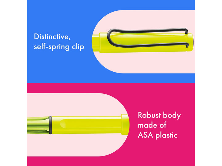 LAMY safari Rollerball Pen Neon Yellow Special Edition feature graphic showing spring-loaded metal clip and durable ASA plastic body construction