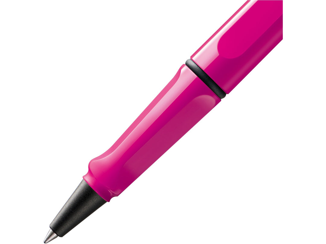 LAMY safari rollerball pen grip detail in pink with ergonomic moulded grip section