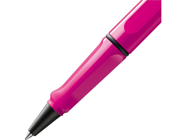 LAMY safari rollerball pen grip detail in pink with ergonomic moulded grip section