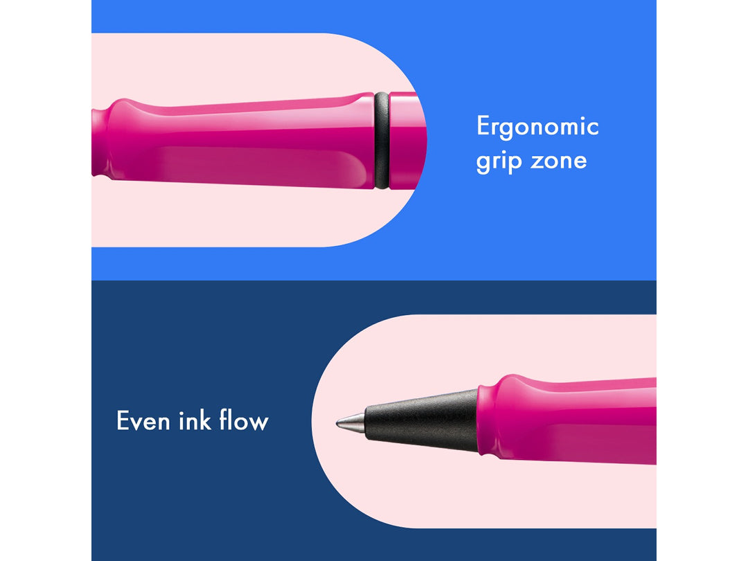 LAMY safari rollerball pen feature graphic showing ergonomic moulded grip section and smooth rollerball writing performance in pink finish