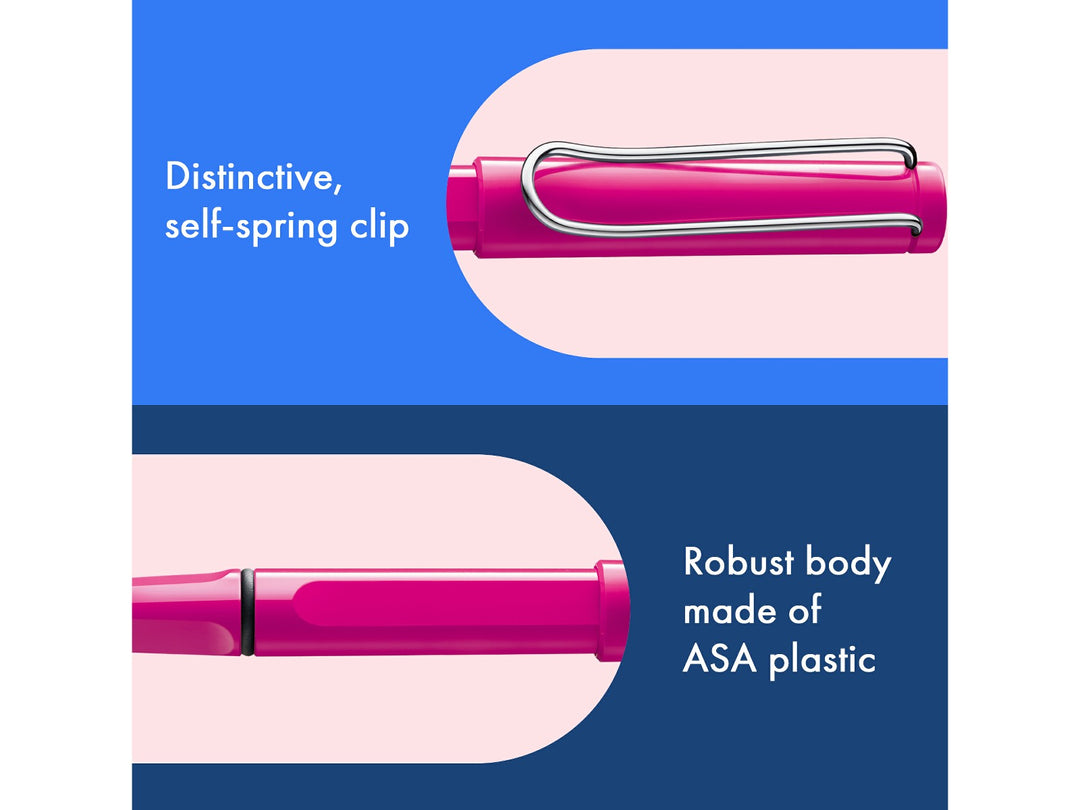 LAMY safari rollerball pen feature graphic showing spring-loaded metal clip and durable ASA plastic body construction in pink finish