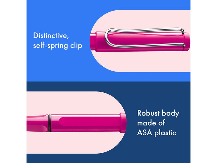 LAMY safari rollerball pen feature graphic showing spring-loaded metal clip and durable ASA plastic body construction in pink finish