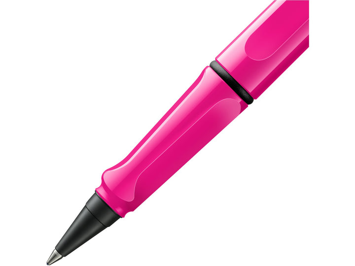 LAMY safari rollerball pen grip detail with ergonomic moulded grip section and rollerball writing tip in pink finish