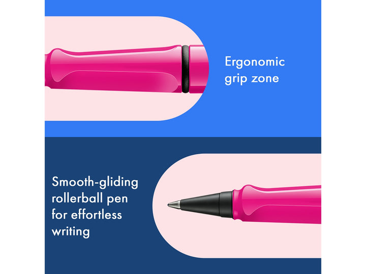LAMY safari roll-ink rollerball pen feature graphic showing ergonomic moulded grip section and smooth liquid ink rollerball writing performance