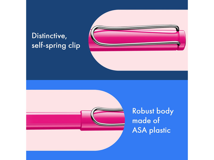 LAMY safari rollerball pen feature graphic showing spring-loaded metal clip and durable ASA plastic body construction in pink finish