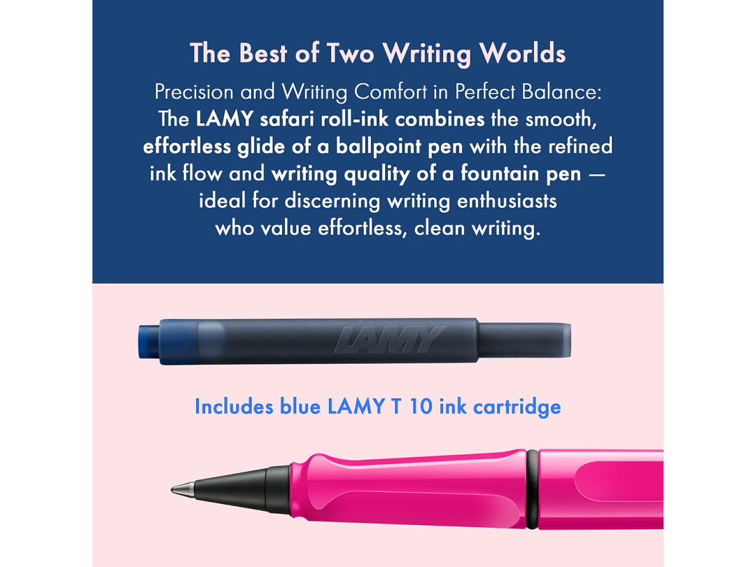 LAMY safari roll-ink rollerball pen feature graphic showing compatible LAMY T10 ink cartridge and liquid ink rollerball writing system