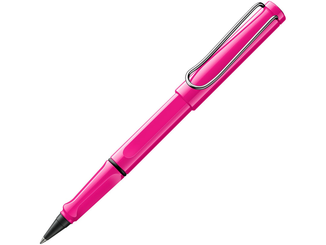 LAMY safari rollerball pen with pink ASA plastic body, ergonomic grip section and spring-loaded metal clip