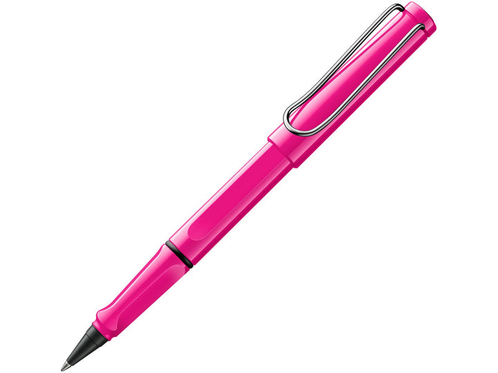 LAMY safari rollerball pen with pink ASA plastic body, ergonomic grip section and spring-loaded metal clip