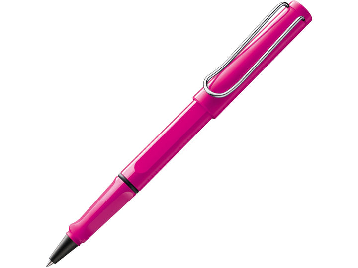 LAMY safari rollerball pen in pink with ergonomic grip section and spring-loaded metal clip