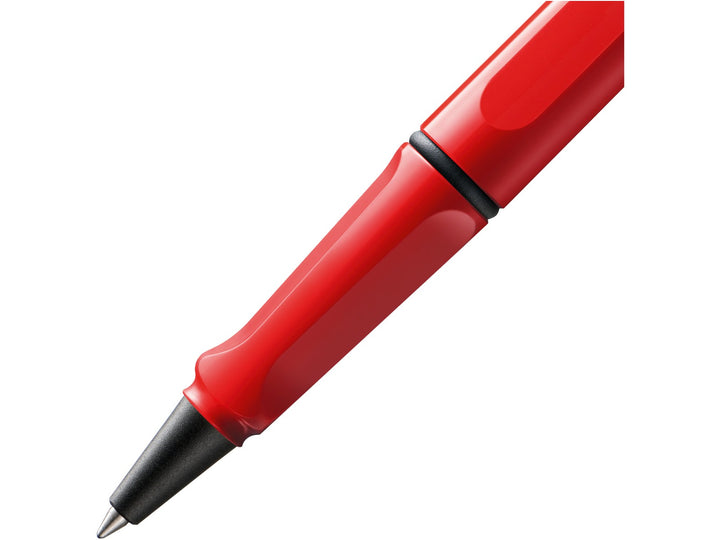 LAMY safari rollerball pen grip detail in red with ergonomic moulded grip section