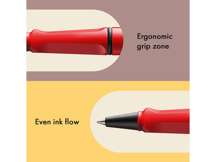 LAMY safari rollerball pen feature graphic showing ergonomic moulded grip section and smooth rollerball writing performance in red finish
