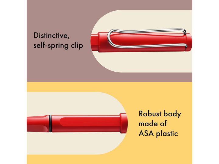 LAMY safari rollerball pen feature graphic showing spring-loaded metal clip and durable ASA plastic body construction in red finish