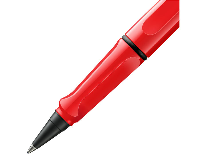 LAMY safari rollerball pen grip detail with ergonomic moulded grip section and rollerball writing tip in red finish