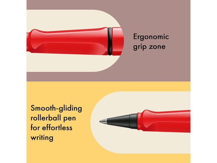 LAMY safari roll-ink rollerball pen feature graphic showing ergonomic moulded grip section and smooth liquid ink rollerball writing performance