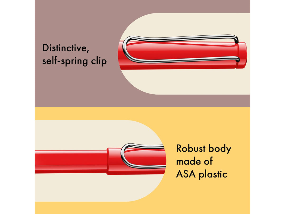 LAMY safari rollerball pen feature graphic showing spring-loaded metal clip and durable ASA plastic body construction in red finish