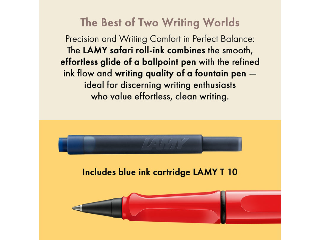 LAMY safari roll-ink rollerball pen feature graphic showing compatible LAMY T10 ink cartridge and liquid ink rollerball writing system