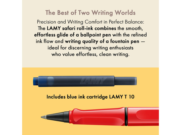 LAMY safari roll-ink rollerball pen feature graphic showing compatible LAMY T10 ink cartridge and liquid ink rollerball writing system
