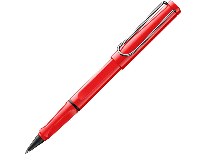 LAMY safari rollerball pen with red ASA plastic body, ergonomic grip section and spring-loaded metal clip