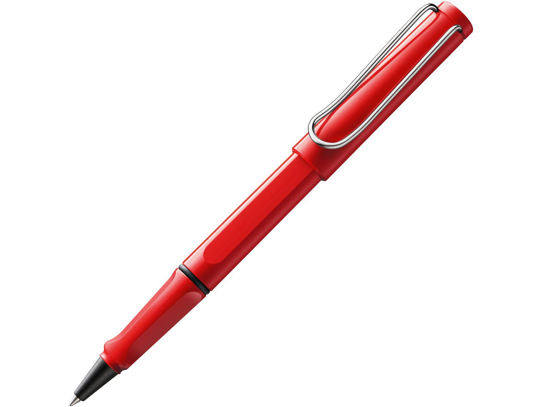 LAMY safari rollerball pen in red with ergonomic grip section and spring-loaded metal clip