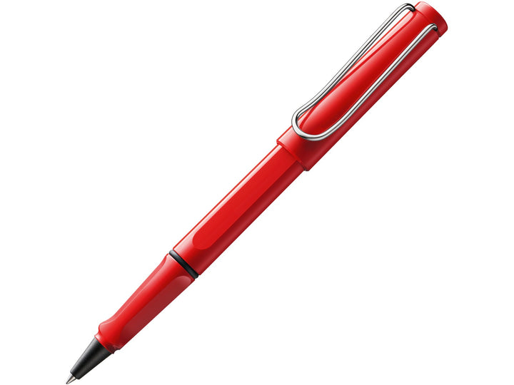 LAMY safari rollerball pen in red with ergonomic grip section and spring-loaded metal clip