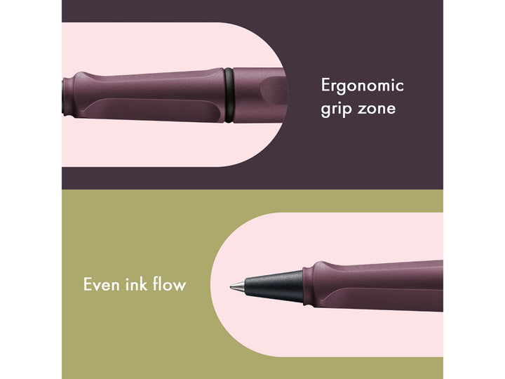 LAMY safari rollerball pen feature graphic showing ergonomic moulded grip section and smooth rollerball writing performance in scarlet finish