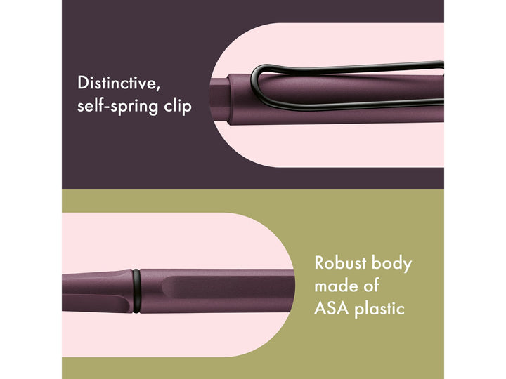 LAMY safari rollerball pen feature graphic showing spring-loaded metal clip and durable ASA plastic body construction in scarlet finish