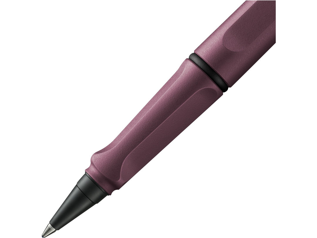 LAMY safari rollerball pen grip detail with ergonomic moulded grip section and rollerball writing tip in scarlet finish