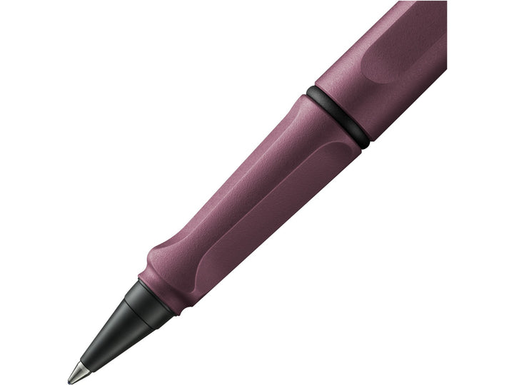LAMY safari rollerball pen grip detail with ergonomic moulded grip section and rollerball writing tip in scarlet finish