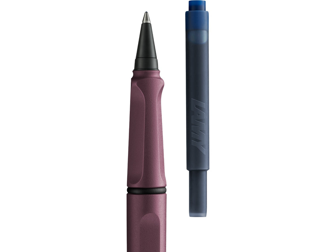 LAMY safari rollerball pen with removable rollerball section and compatible LAMY T10 ink cartridge
