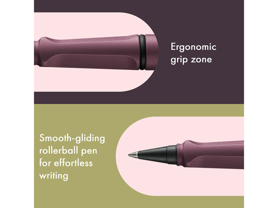LAMY safari roll-ink rollerball pen feature graphic showing ergonomic moulded grip section and smooth liquid ink rollerball writing performance