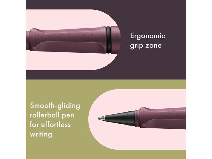 LAMY safari roll-ink rollerball pen feature graphic showing ergonomic moulded grip section and smooth liquid ink rollerball writing performance