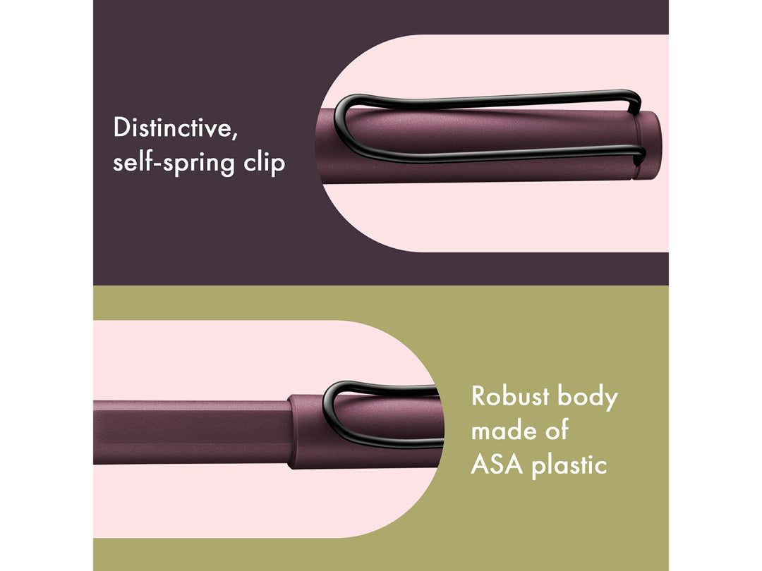 LAMY safari rollerball pen feature graphic showing spring-loaded metal clip and durable ASA plastic body construction in scarlet finish