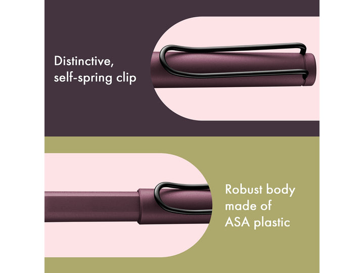 LAMY safari rollerball pen feature graphic showing spring-loaded metal clip and durable ASA plastic body construction in scarlet finish