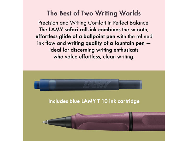 LAMY safari roll-ink rollerball pen feature graphic showing compatible LAMY T10 ink cartridge and liquid ink rollerball writing system